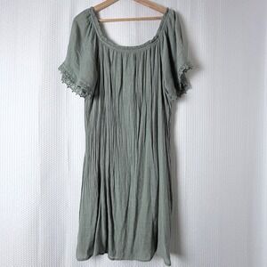Love Blossom Dress Women 2X Sage Green Boho Peasant Crochet Hippie Crinkle Lined
